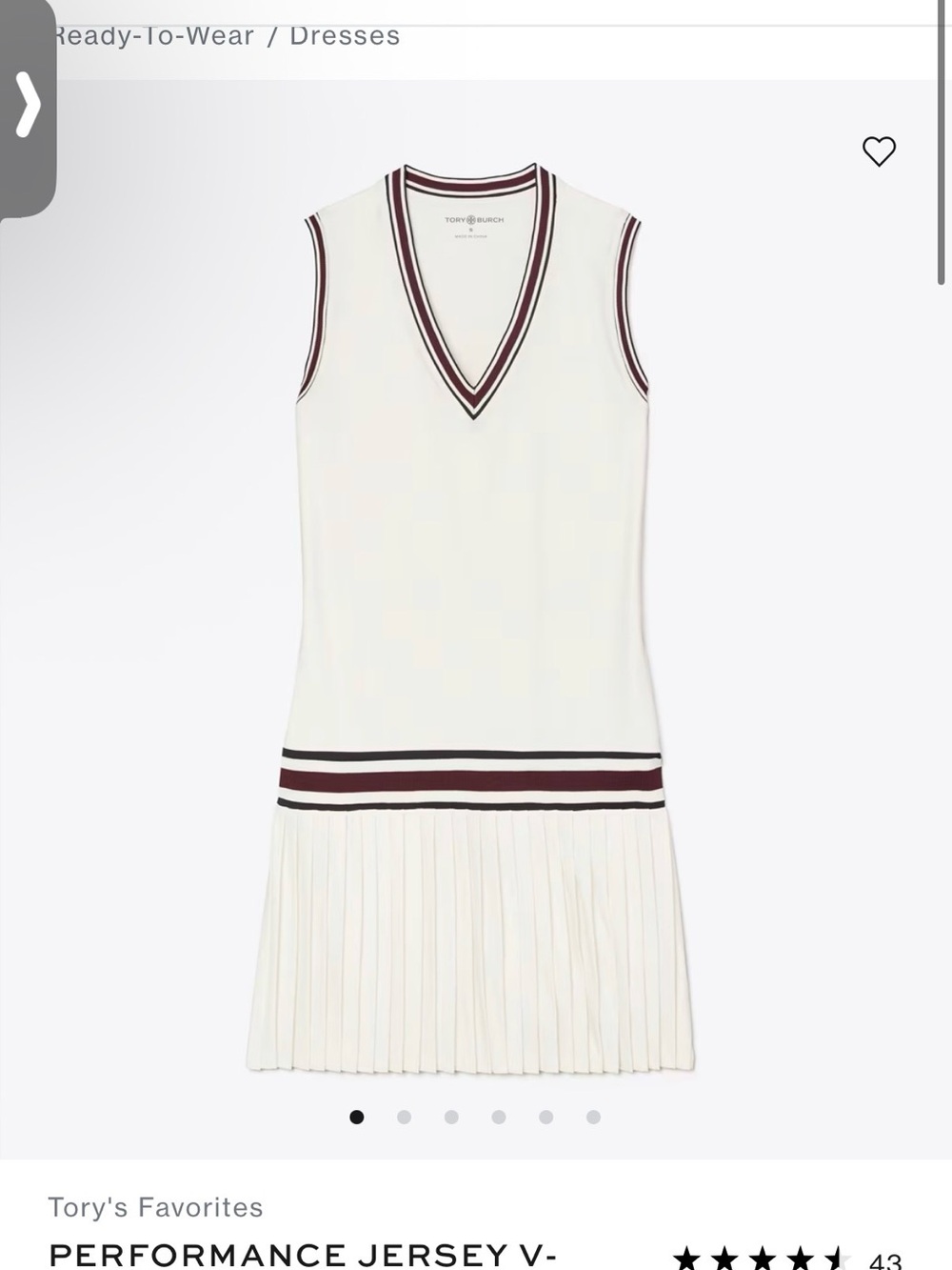 Tory Sport Cream Sleeveless V-Neck Pleated Tennis Dress with Maroon Trim